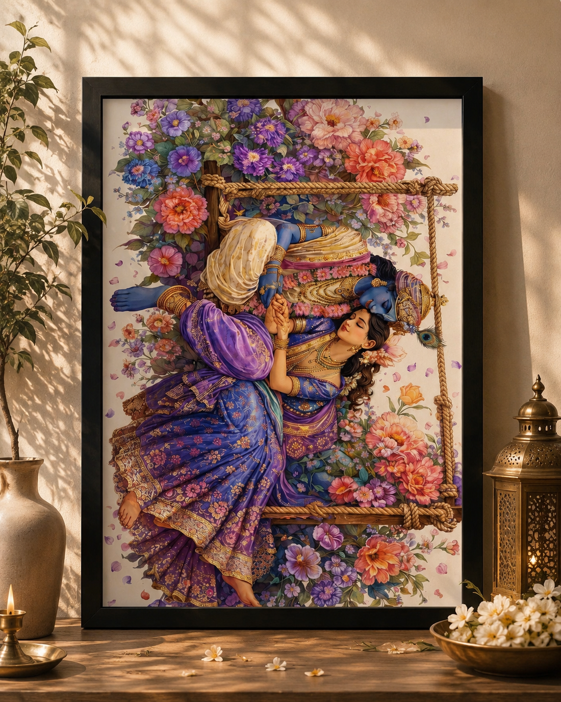 Radha Krishna Floral Swing Framed Wall Art – Traditional Indian Devotional Artwork