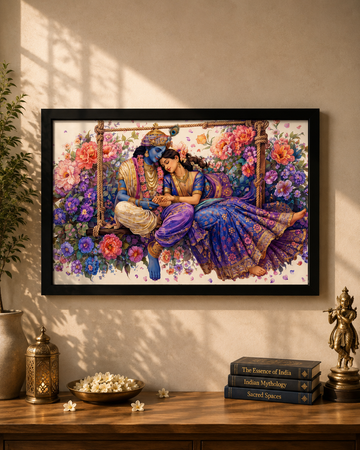 Radha Krishna Floral Swing Framed Wall Art – Traditional Indian Devotional Artwork