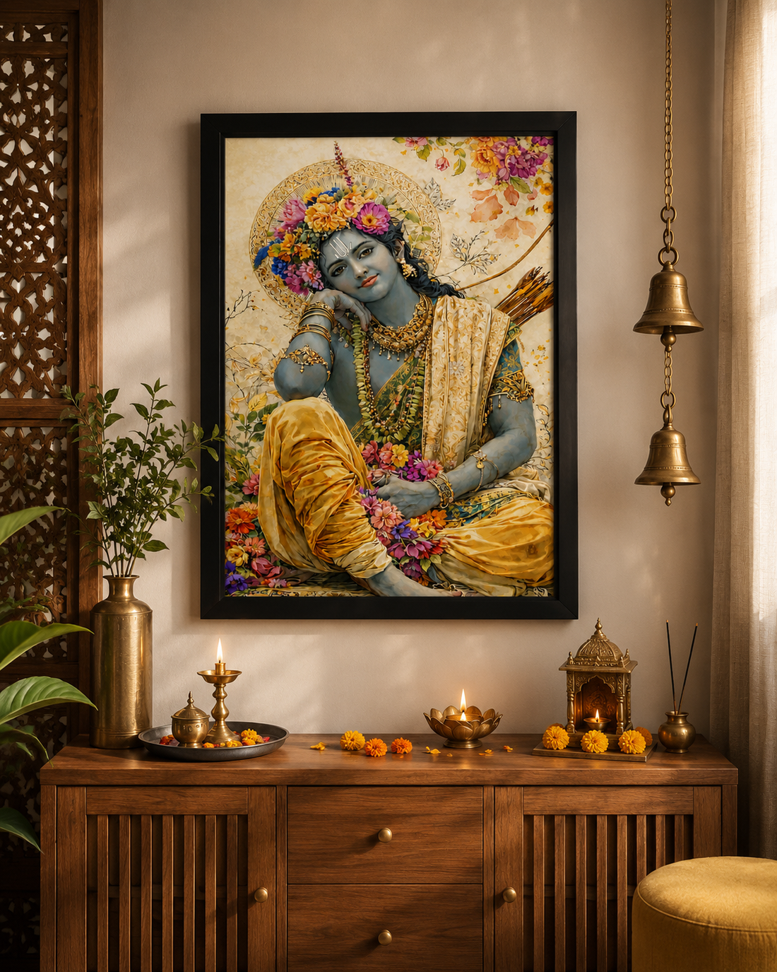 Shri Krishna Floral Grace Framed Artwork